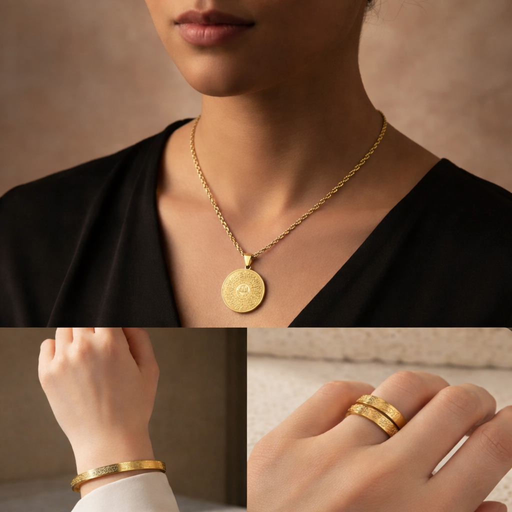 14 Ayar Altın Kaplama Ayetel Kürsi Set Kolye+Bileklik+Yüzük