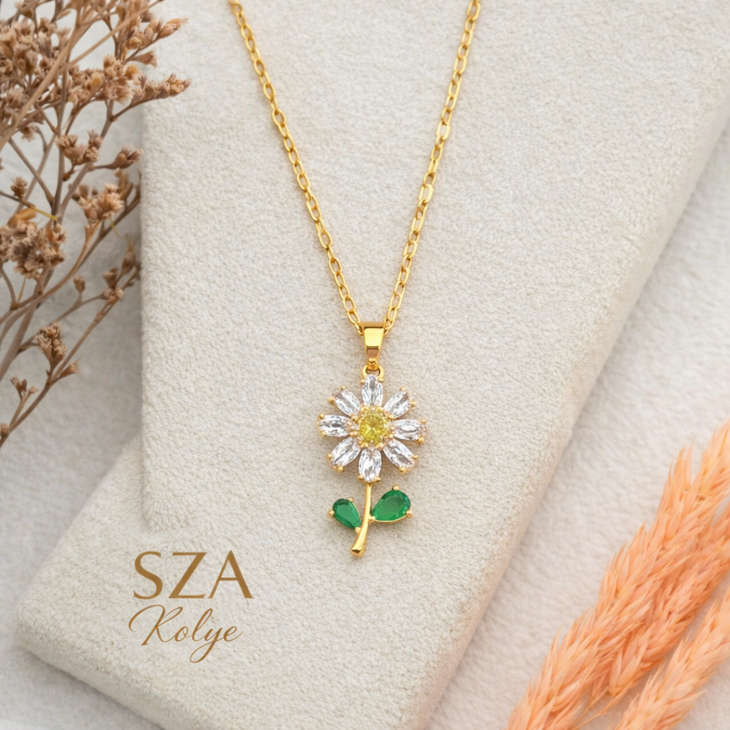 14 Ayar Altın Kaplama Işıltılı Papatya Kolye