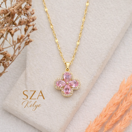 14 Ayar Altın Kaplama Pembe Taş Yonca Kolye