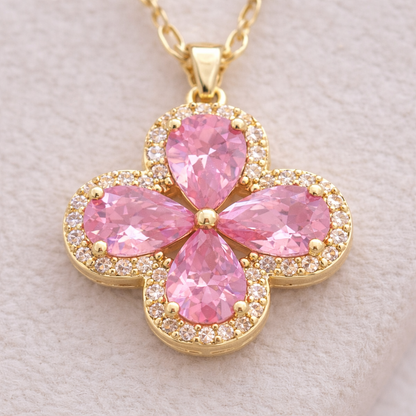 14 Ayar Altın Kaplama Pembe Taş Yonca Kolye