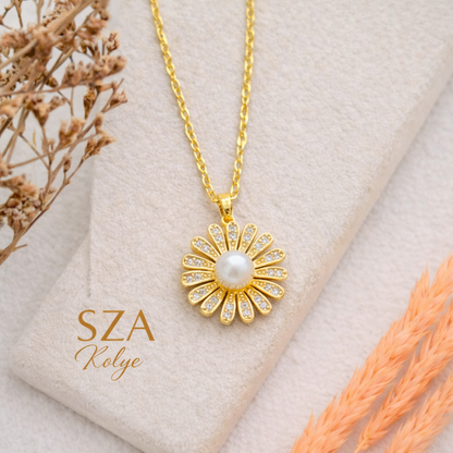 14 Ayar Altın Kaplama Taşlı Papatya Kolye