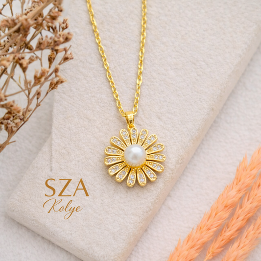 14 Ayar Altın Kaplama Taşlı Papatya Kolye