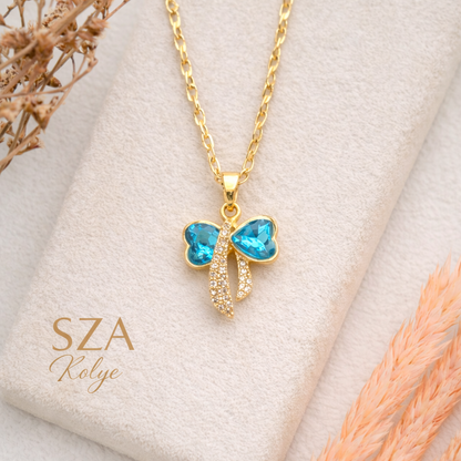 14 Ayar Altın Kaplama Fiyonk Mavi Kolye